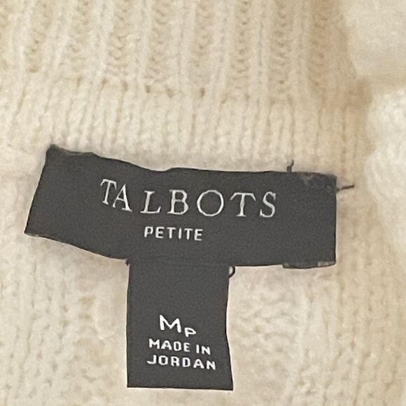 Talbots Cable Knit Sweater Size MP Cream Chunky Fisherman Turtleneck - Picture 3 of 14
